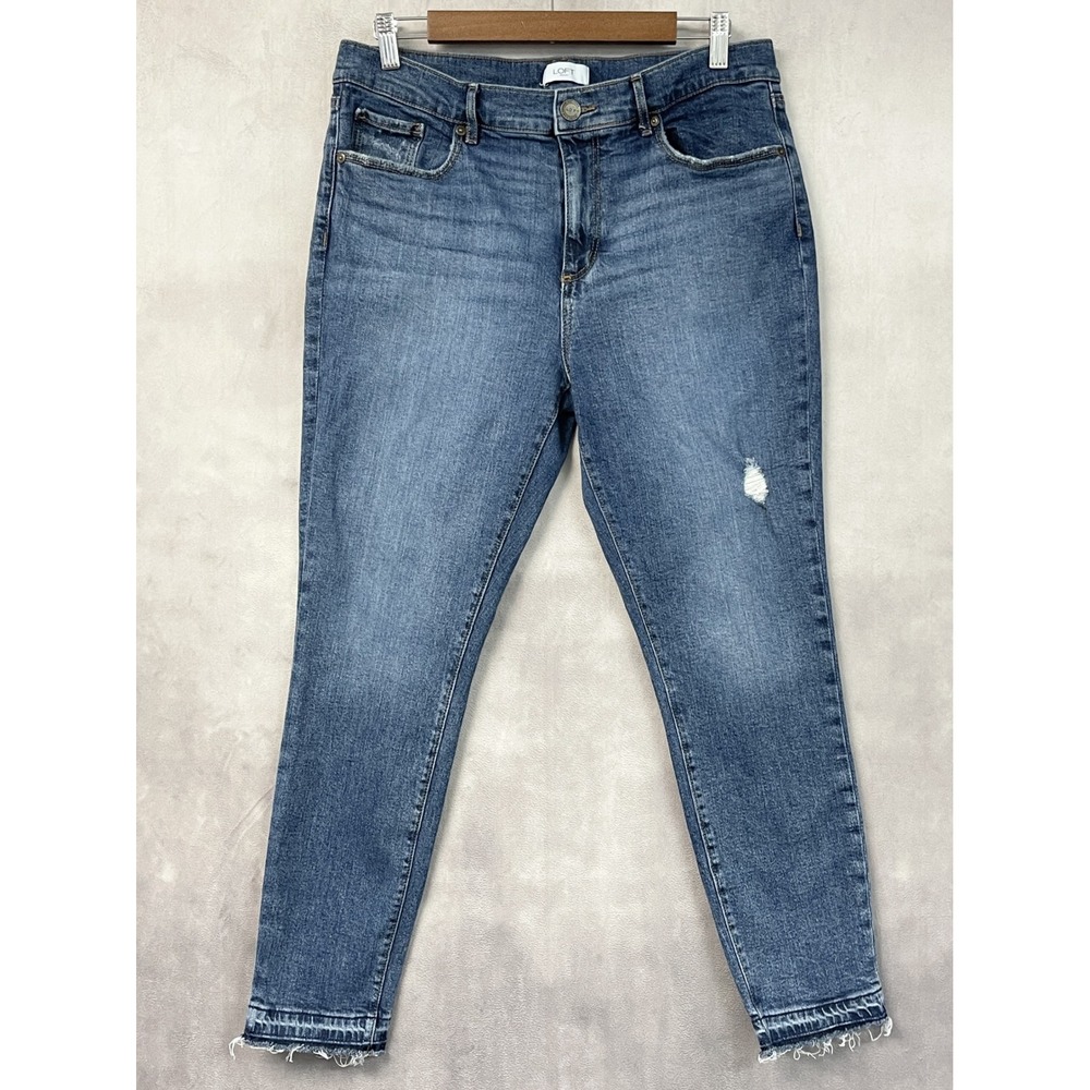 LOFT Womens Skinny Ankle Jeans Size 12 Blue Distressed Raw Hem Indie Grunge